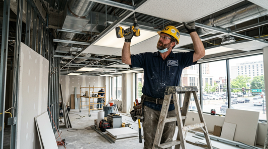 Commercial contractor installing a suspended ceiling during a commercial interior renovation project in Virginia.