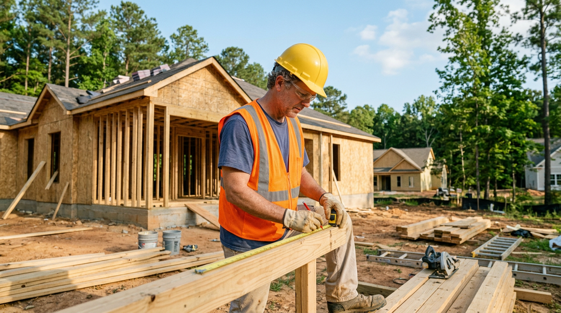 Georgia residential contractor measuring framing lumber at a new home construction site