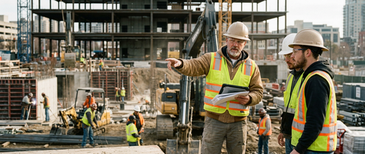 Licensed commercial contractor supervising active construction site during nationwide contractor workforce shortage