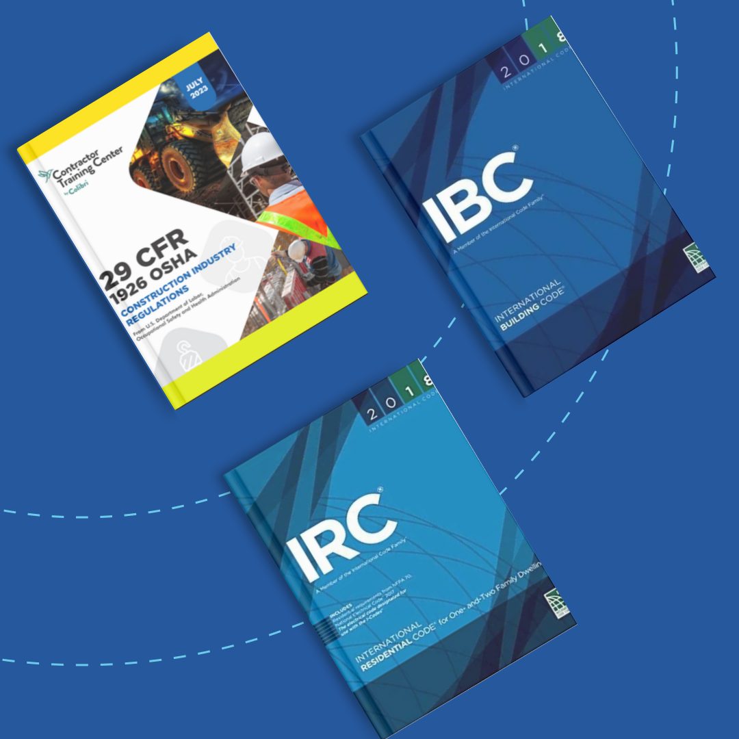 Image of the Code of Federal Regulations, International Building Code, and International Residential Code books
